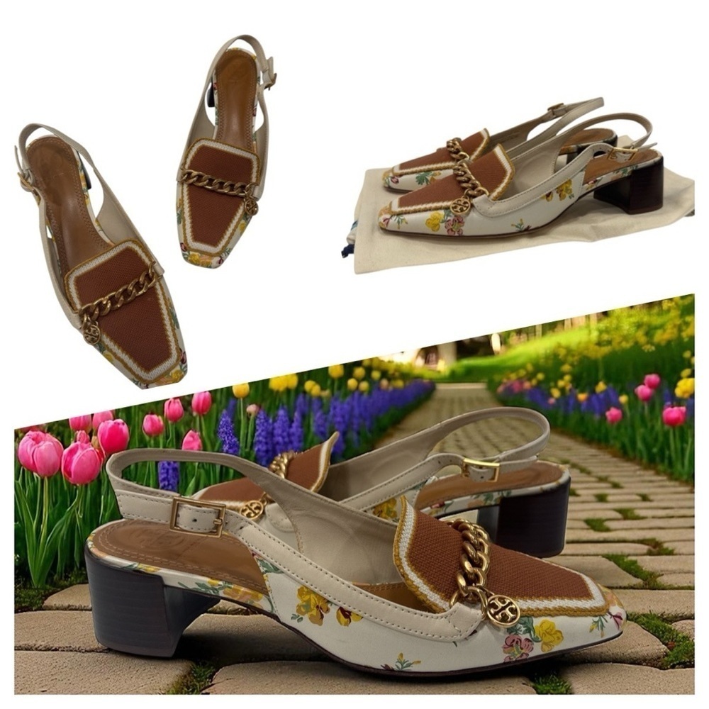 Tory Burch Mini Benton Charm Floral Chain-Embellished Slingback Heels size 6 M